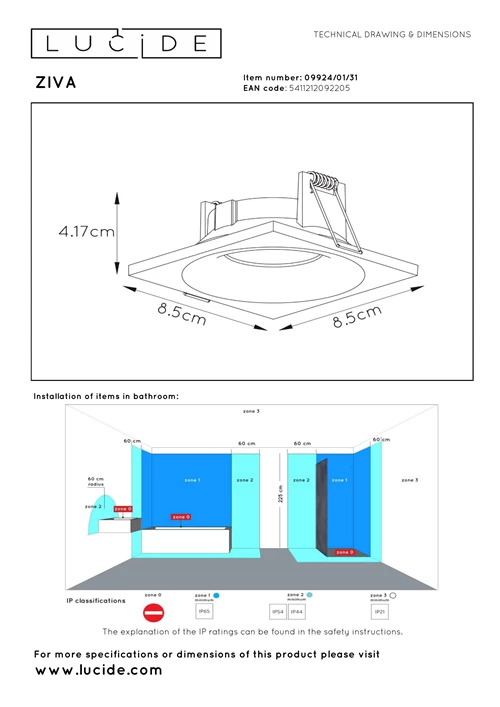 Lucide ZIVA - Recessed spotlight Bathroom - 1xGU10 - IP44 - White - technical